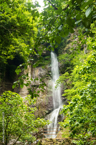 A high waterfall in a green forest with rocks.