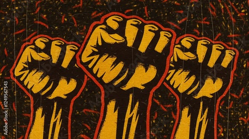 Animation of three raised fists. Stylized protest or solidarity symbol with grunge texture effect. Perfect for social movement, unity, or resistance themed projects. 