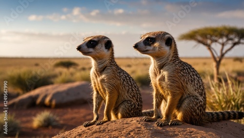 View of meerkats in the African savannah
