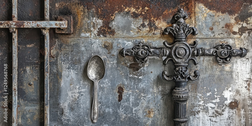 A spoon ornate metalwork and rusted metal all together A spoon ornate metalwork and rusted metal all together