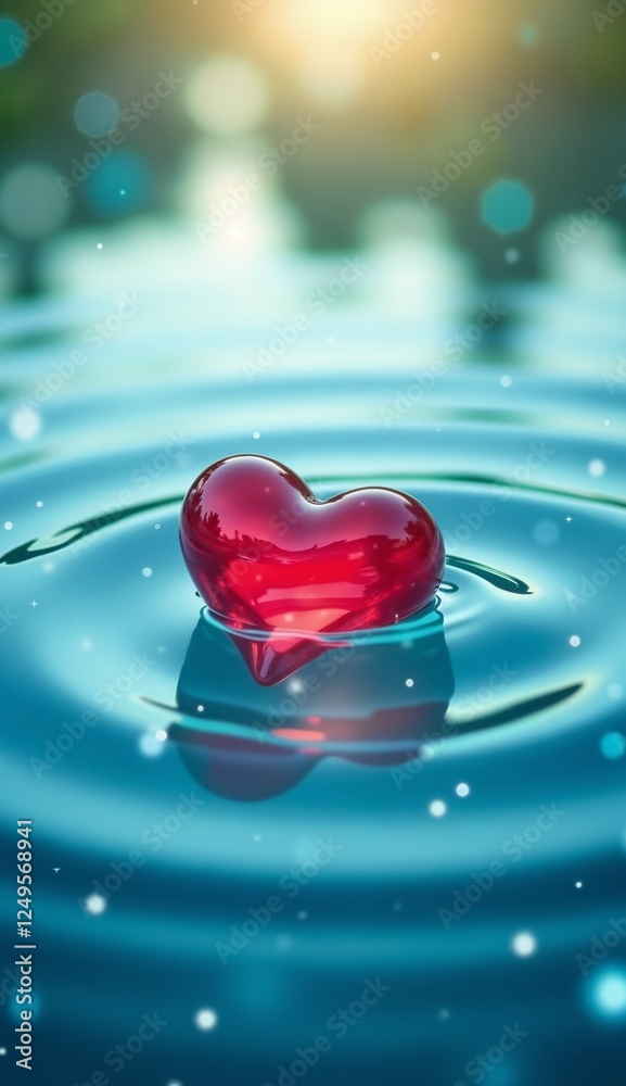 Fototapeta premium Red heart floating on water surface with sunlight reflections