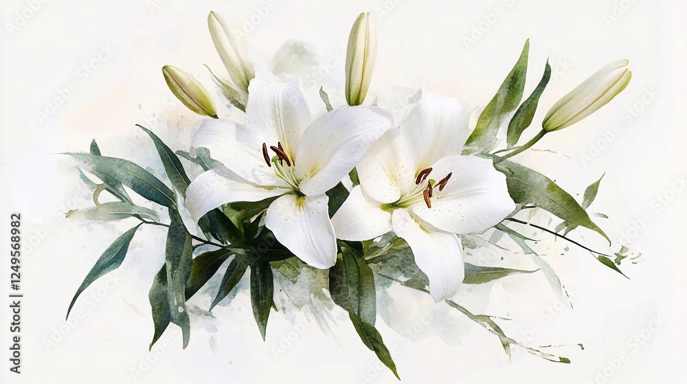 Obraz premium White Lily Watercolor Artwork Featuring Delicate Petals and Green Leaves