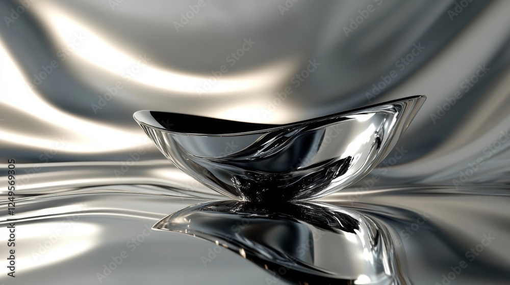 Reflective bowl on silver surface creates a modern artistic display with smooth textures and elegant contours in soft lighting