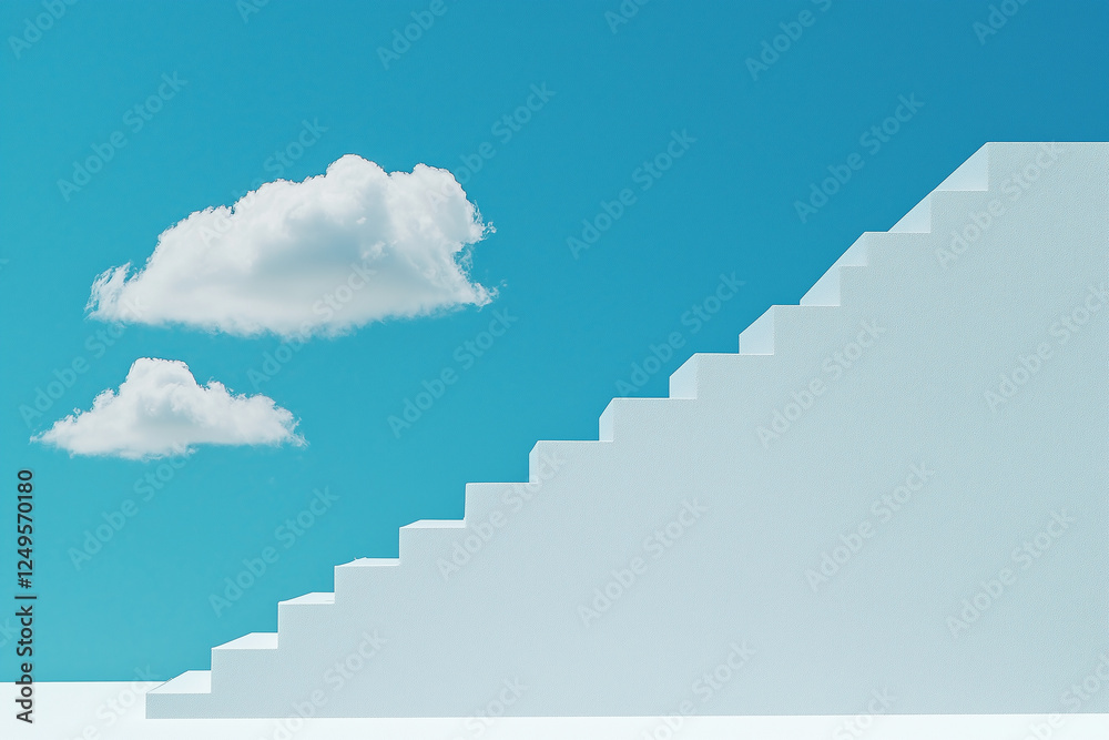 Fototapeta premium A minimalist, white cloud above a simple, modern stairway, against a blue sky, in a hyper-realistic style