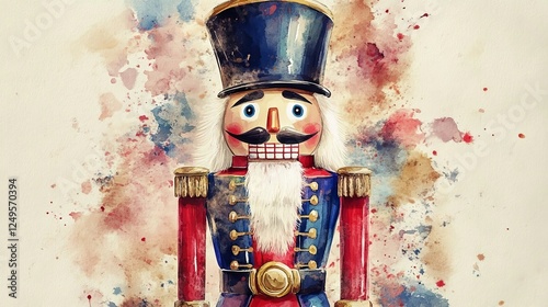 Colorful nutcracker figure stands against a vibrant artistic background, embodying holiday spirit and nostalgia for festive traditions