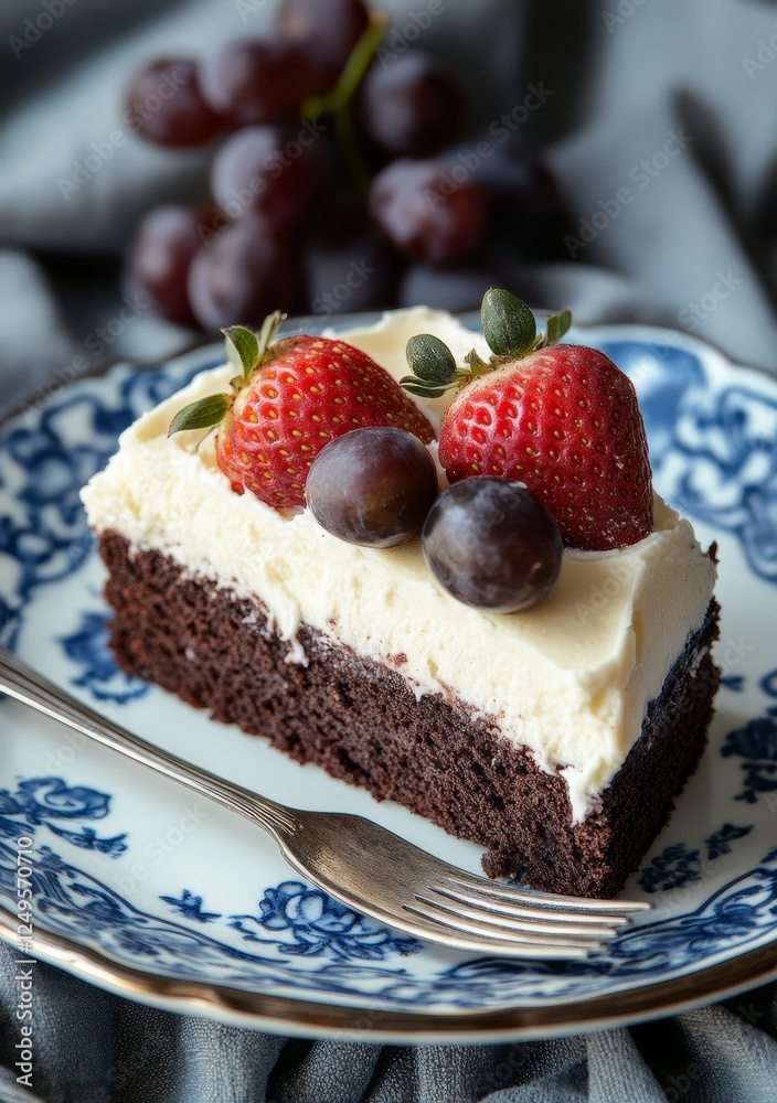 Chocolate dessert slice with whipped cream and berries on decorative plate Chocolate dessert slice with whipped cream and berries on decorative plate
