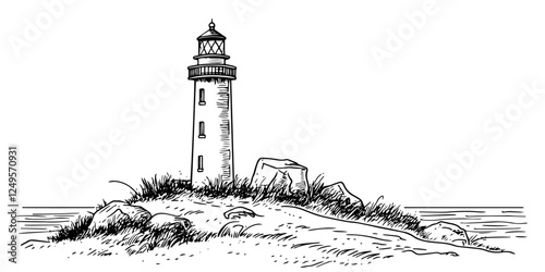 lighthouse on rocky shoreline depicted in black and white sketch style