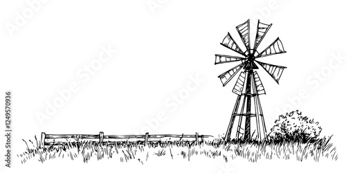 rural windmill with wooden fence black vector sketch