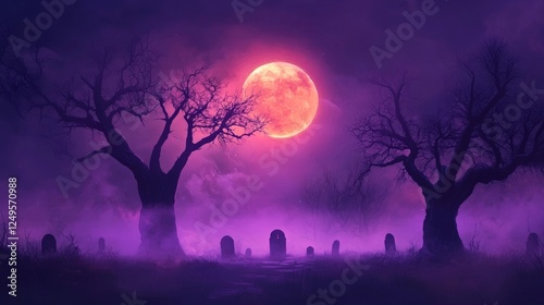 Halloween night with a full moon illuminating a spooky graveyard and bare trees under a purple sky