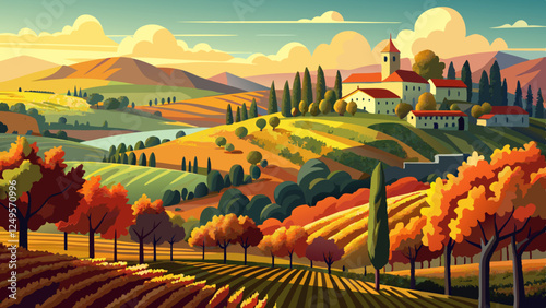 Принти на полотні Vineyards and hills of Lambrusco Grasparossa in autumn, Castelvetro, Modena, Ita