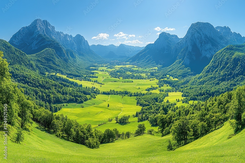 Fototapeta premium Serene Valley: Lush Green Fields, Majestic Mountains, Breathtaking Scenery
