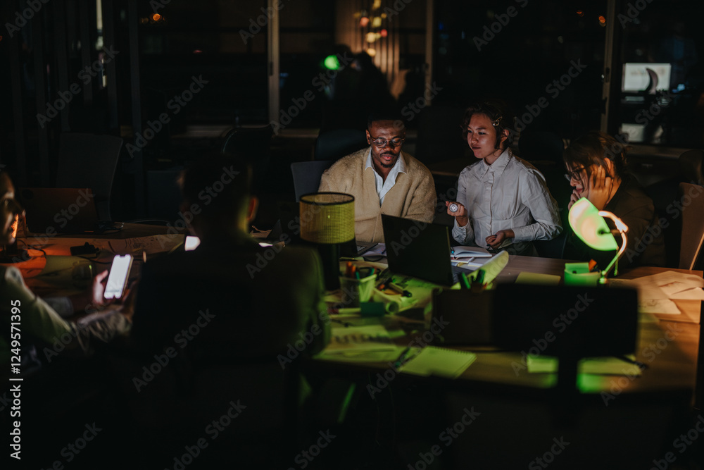 A group of multicultural colleagues working late at night, collaborating on projects. The scene captures teamwork, dedication, and focus, highlighting a diverse and dynamic business environment. A group of multicultural colleagues working late at night, collaborating on projects. The scene captures teamwork, dedication, and focus, highlighting a diverse and dynamic business environment.