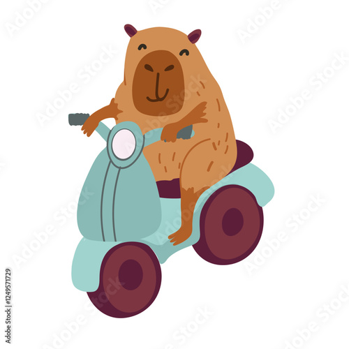 Vector funny capybara in flat design. A cute  capybara happily riding a scooter, delivering a package. South American adorable animal. Hand drawn Vector illustration.
