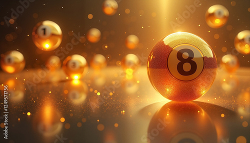 Glowing golden lottery balls floating in futuristic style