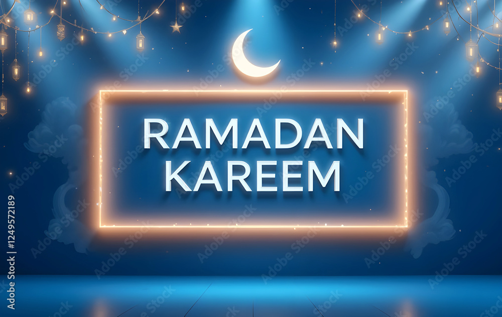 Ramadan Kareem text and moon with blue background with Copy space , 3D render. Ramadan Kareem text and moon with blue background with Copy space , 3D render.
