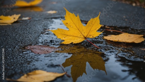 autumn day puddle, rain, yellow leaves in the puddle
