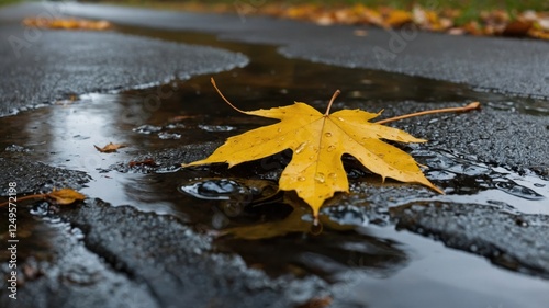 autumn day puddle, rain, yellow leaves in the puddle