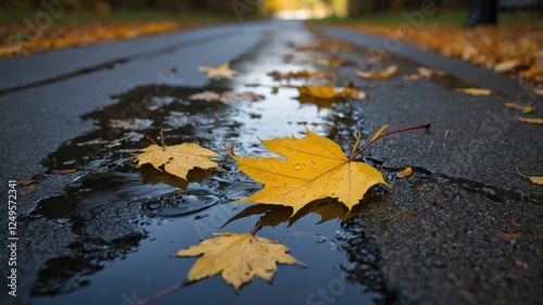 autumn day puddle, rain, yellow leaves in the puddle