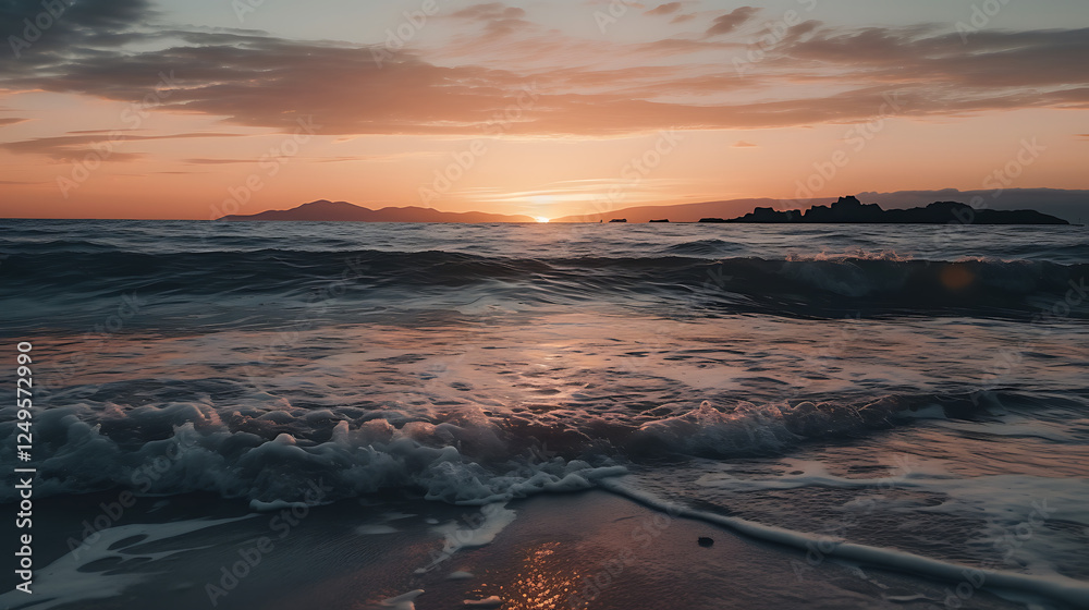 Scenic colorful sunset at the sea coast with dramatic clouds over the Mediterranean sea. Summer sunset.