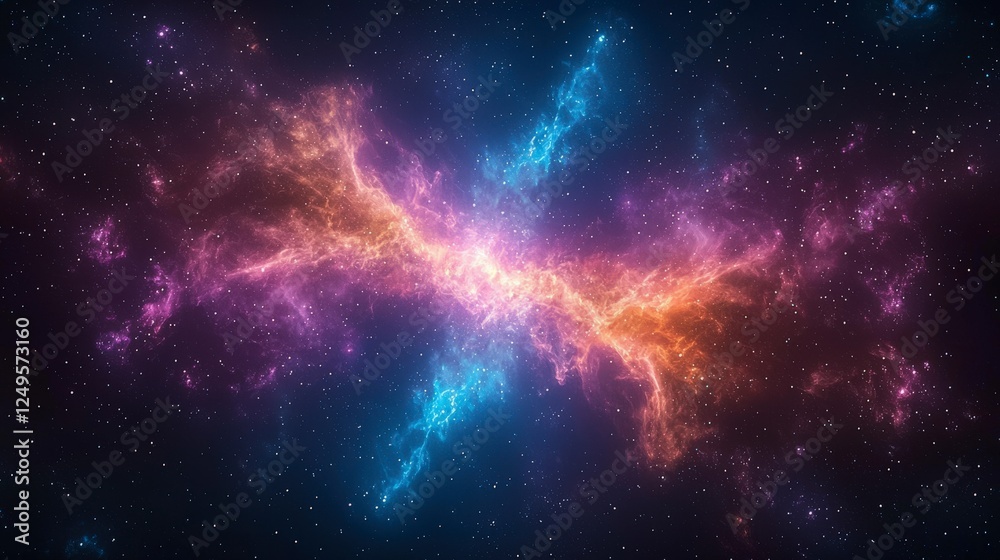 Naklejka premium Vibrant cosmic nebula with swirling colors of orange, blue, and pink, set against a starry background.