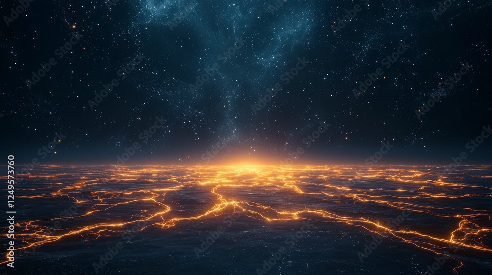 Fototapeta premium A stunning aerial view of a glowing cityscape at night, illuminated by orange lights against a starry sky backdrop.