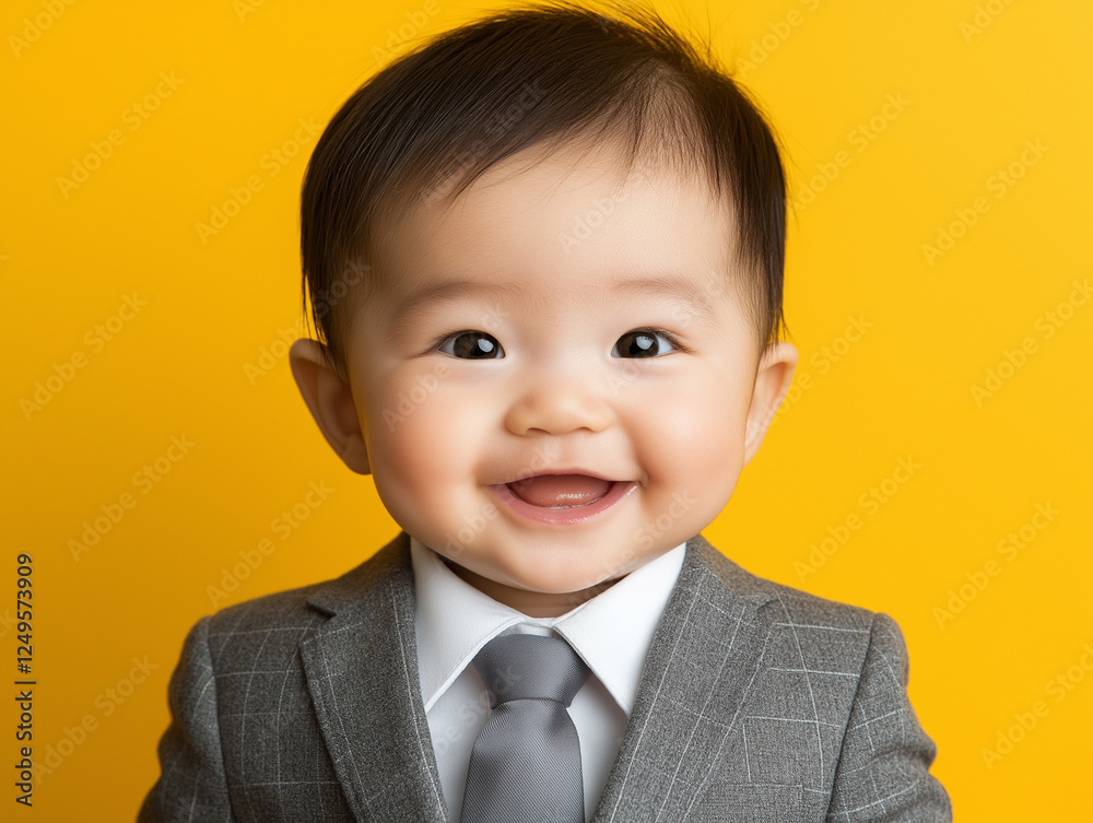 studio portrait of Asian baby wearing business suit isolated on yellow background studio portrait of Asian baby wearing business suit isolated on yellow background