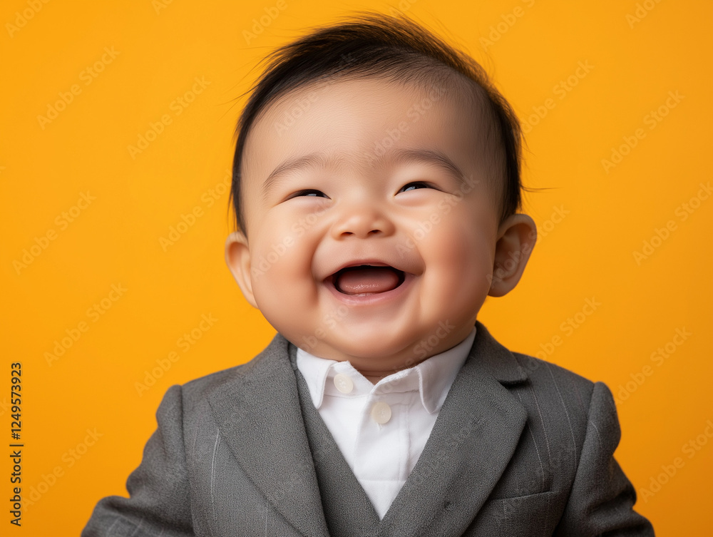 studio portrait of Asian baby wearing business suit isolated on yellow background studio portrait of Asian baby wearing business suit isolated on yellow background