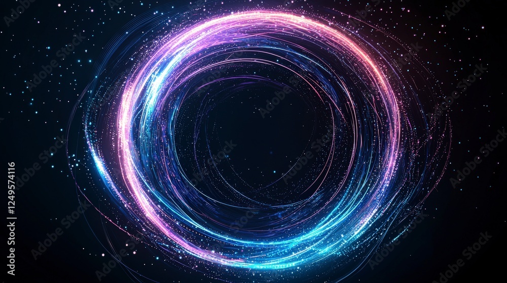 Glowing circular light pattern with vibrant blue and pink hues against a dark background, creating a sense of motion and depth. Glowing circular light pattern with vibrant blue and pink hues against a dark background, creating a sense of motion and depth.
