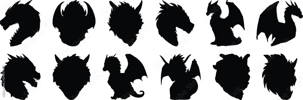 Obraz premium Dragon silhouettes set, fantasy pack of vector silhouette design, isolated background