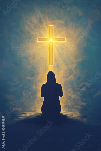 Silhouette kneeling in prayer before glowing cross