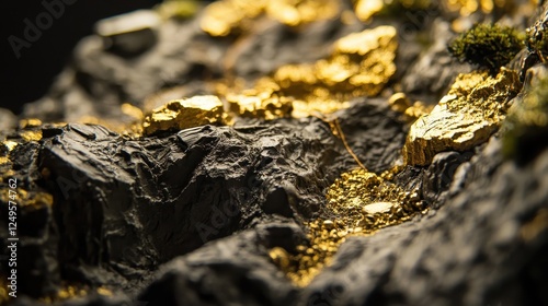 Gold deposits and nuggets embedded within dark stone formations