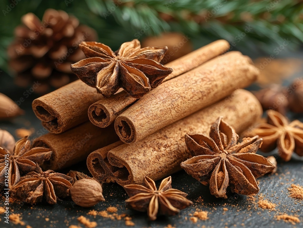 A close-up of cinnamon sticks and star anise on a dark surface, evoking warmth and spice. A close-up of cinnamon sticks and star anise on a dark surface, evoking warmth and spice.
