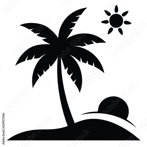 A sunny beach with a palm tree icon black silhouette vector.