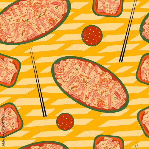 Korean kimchi vector seamless pattern. Traditional spicy asian side dish, sauce, chopsticks on bright yellow background. Modern textured illustration of fermented napa cabbage and seasonings on plate