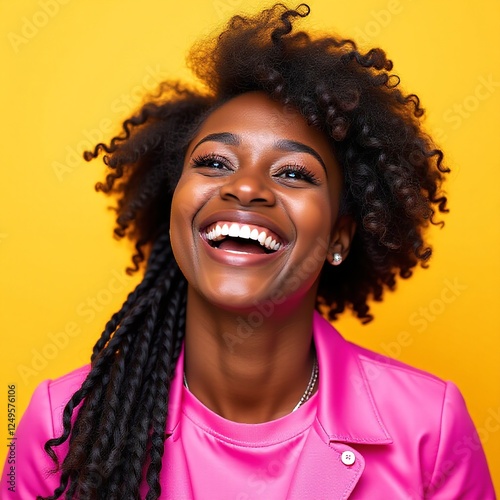 Laughing African American woman, colorful pink clothes, happy, yellow background, vibrant, joyful, isolated