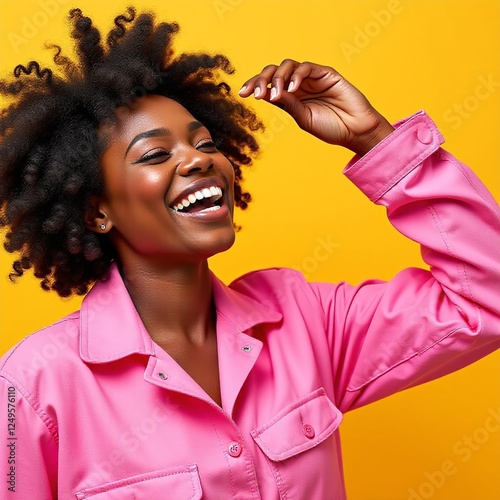 African American woman, pink clothes, laughing, yellow background, joyful, playful, isolated, smiling