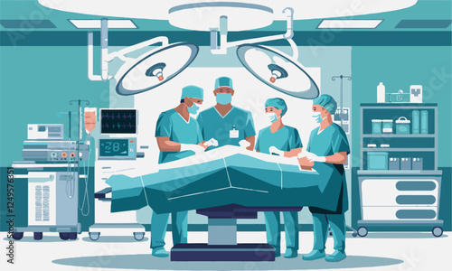 Modern Vector illustration of a surgical team operating room, Surgeons team in operating room flat vector illustration. Cartoon surgeons team working in operation room,easily editable.