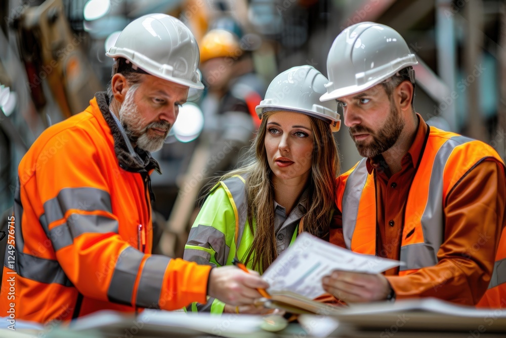 Three construction workers, two men and a woman, review documents together on a construction site. Three construction workers, two men and a woman, review documents together on a construction site.