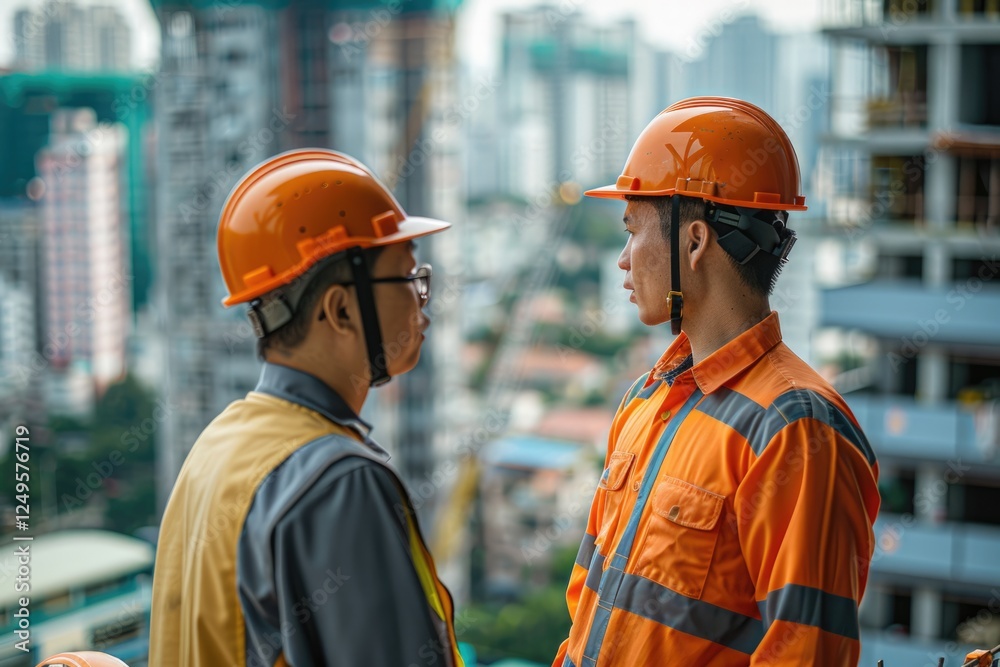 Two construction workers in orange hard hats discuss project details against a cityscape backdrop. Two construction workers in orange hard hats discuss project details against a cityscape backdrop.