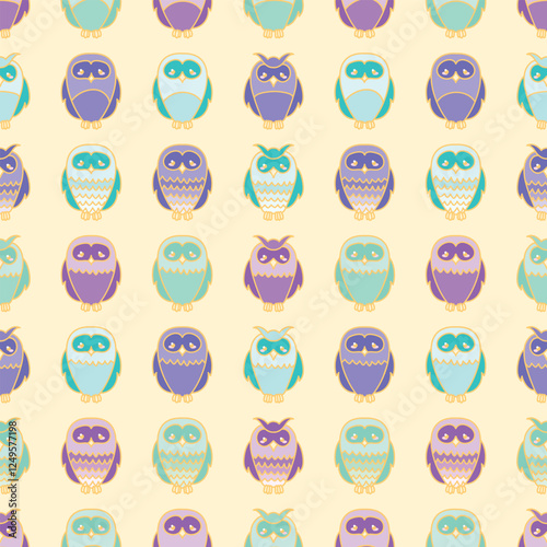 Cute owl surface pattern design. Seamless vector illustration of night birds in purple and green colors.