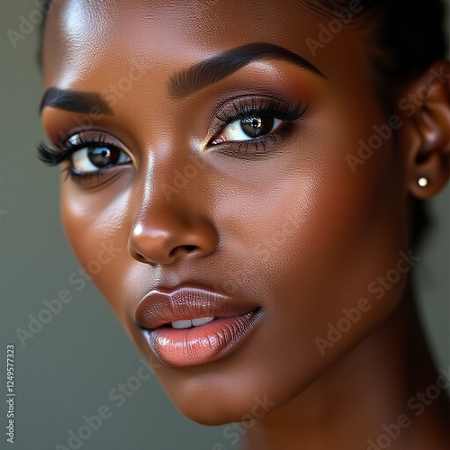 Beauty African woman portrait, glowing skin, graceful features, elegant expression, soft lighting, makeup accentuation