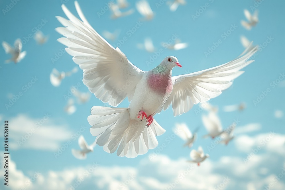 A white dove soars gracefully through a bright blue sky, surrounded by a flock of other doves.