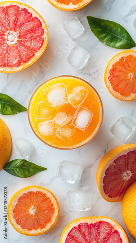 Glass of freshly squeezed orange juice with few ice cubes floating inside placed on white marble surface. photo