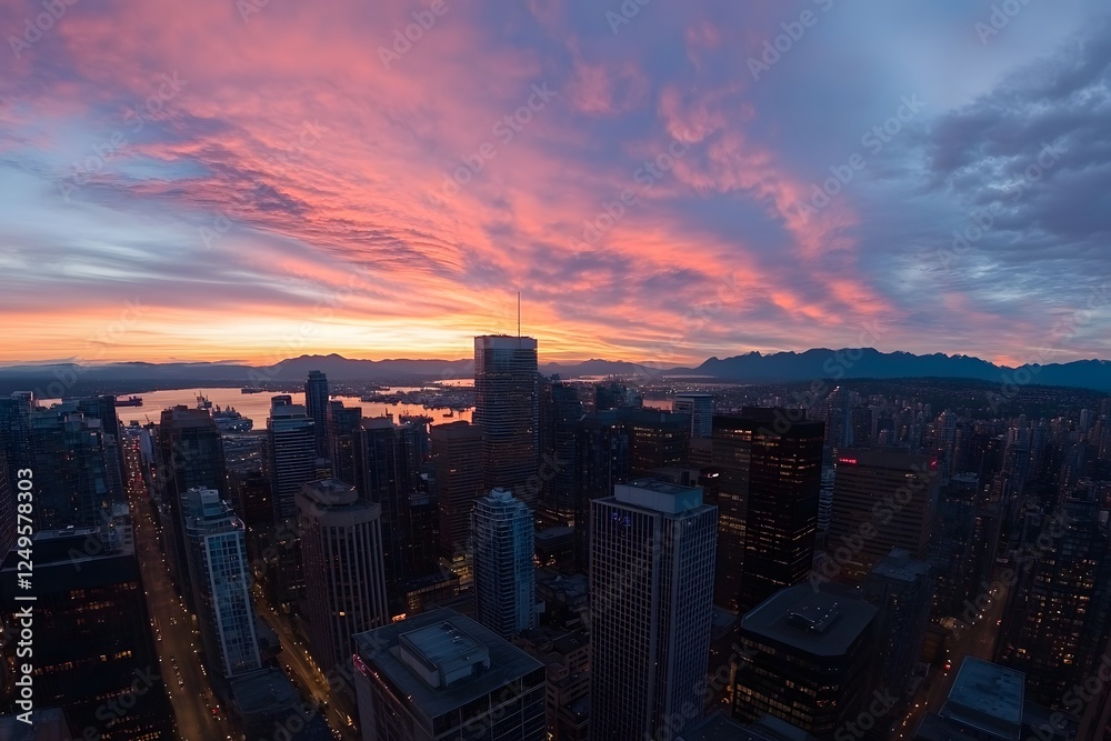 Obraz premium Cityscape sunrise, vibrant clouds, mountains, aerial view, urban dawn