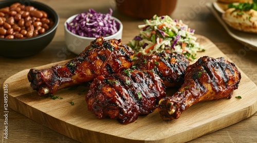 Grilled Barbecue Chicken Drumsticks with Coleslaw, Baked Beans, and Purple Cabbage on a Wooden Platter, Perfect for Summer BBQ Gatherings and Outdoor Parties