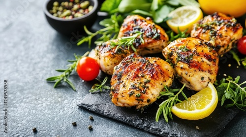Grilled Chicken Thighs Garnished with Fresh Herbs, Cherry Tomatoes, Lemon Slices, and Olive Oil on Dark Stone Surface for Culinary Inspiration