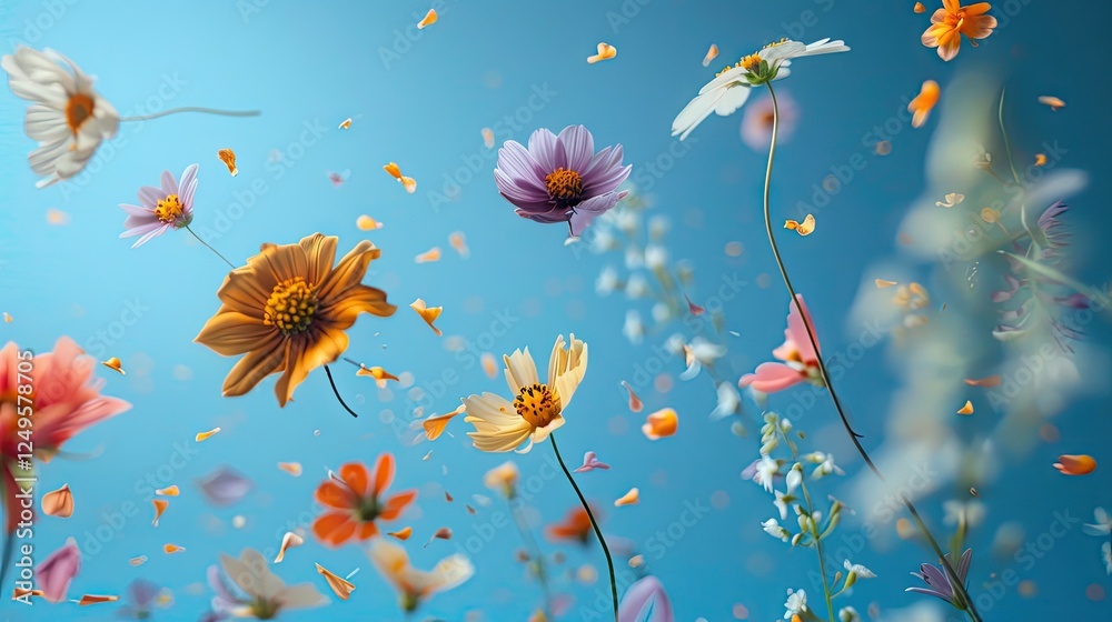 Bright flowers floating in the air on a blue background. Bright flowers floating in the air on a blue background.
