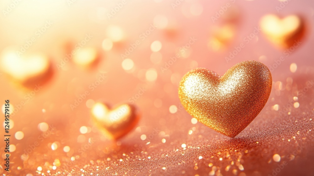 Obraz premium Soft glowing golden hearts with glittery accents romantic setting digital artwork warm environment close-up view
