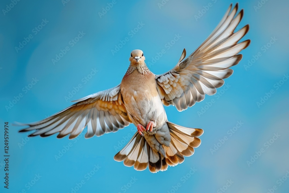 Obraz premium A graceful dove in flight, wings spread wide against a vibrant blue sky.