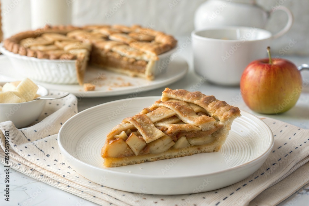 Slice of homemade apple pie on white plate with whole pie, apple, and cup in background
Slice of homemade apple pie on white plate with whole pie, apple, and cup in background